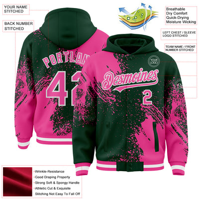 Custom Green Pink-White Abstract Brush Stroke 3D Pattern Design Bomber Full-Snap Varsity Letterman Hoodie Jacket