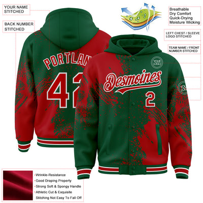 Custom Kelly Green Red-White Abstract Brush Stroke 3D Pattern Design Bomber Full-Snap Varsity Letterman Hoodie Jacket