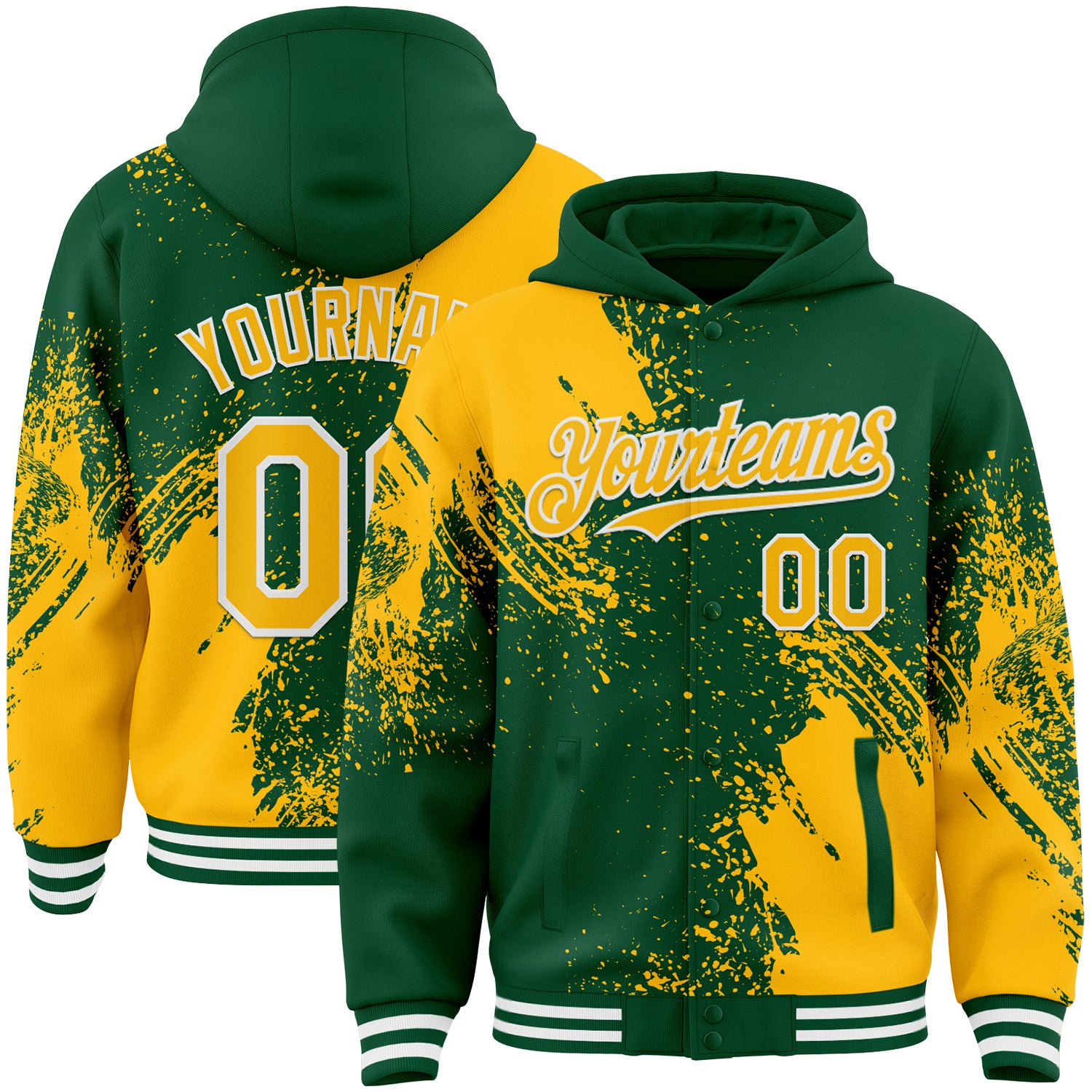 Custom Kelly Green Gold-White Abstract Brush Stroke 3D Pattern Design Bomber Full-Snap Varsity Letterman Hoodie Jacket