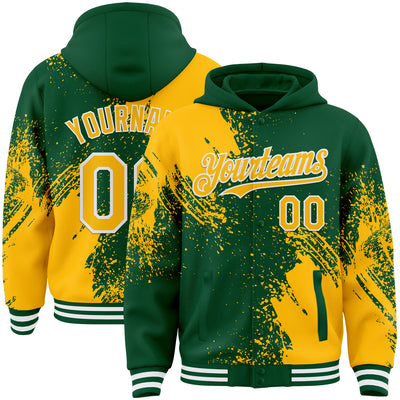 Custom Kelly Green Gold-White Abstract Brush Stroke 3D Pattern Design Bomber Full-Snap Varsity Letterman Hoodie Jacket