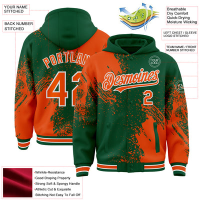 Custom Kelly Green Orange-White Abstract Brush Stroke 3D Pattern Design Bomber Full-Snap Varsity Letterman Hoodie Jacket