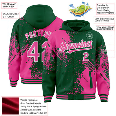 Custom Kelly Green Pink-White Abstract Brush Stroke 3D Pattern Design Bomber Full-Snap Varsity Letterman Hoodie Jacket