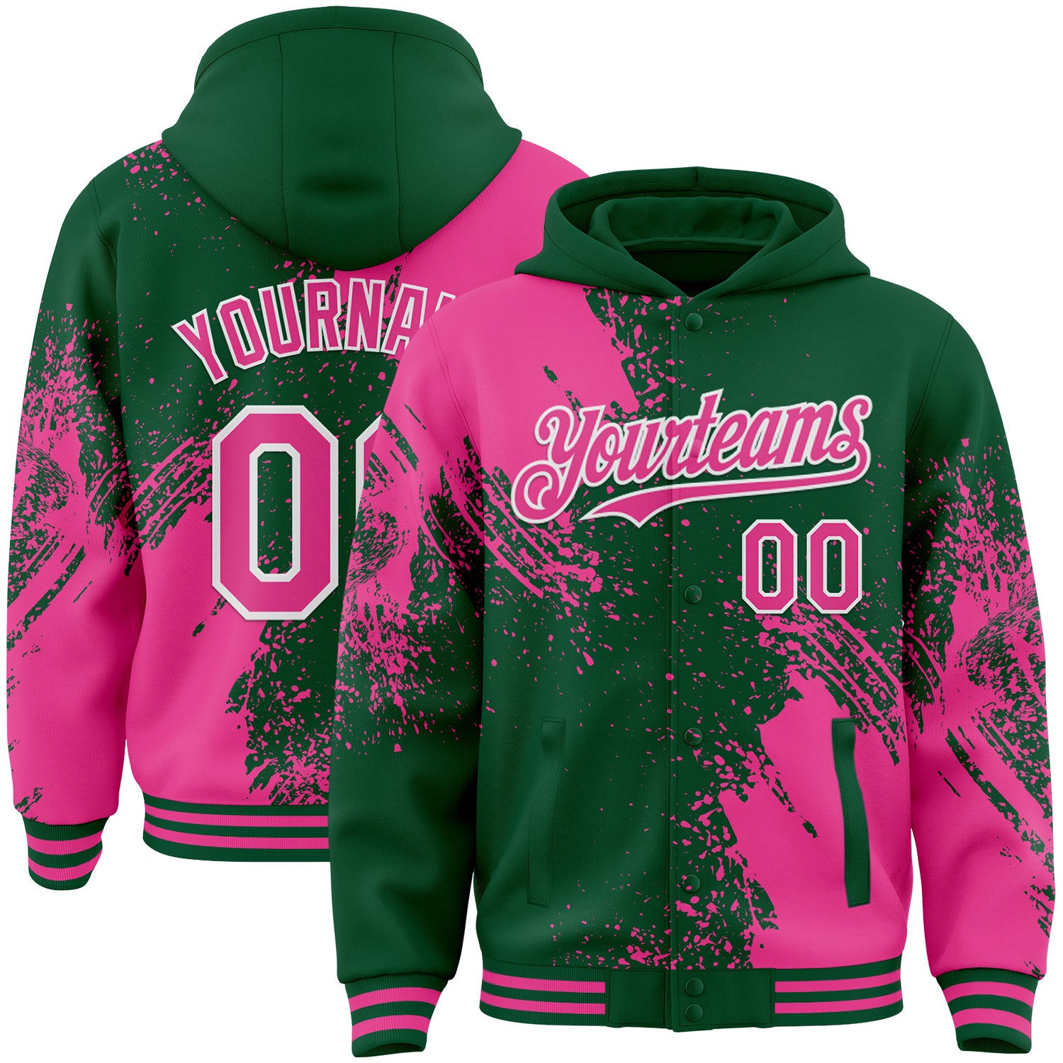 Custom Kelly Green Pink-White Abstract Brush Stroke 3D Pattern Design Bomber Full-Snap Varsity Letterman Hoodie Jacket