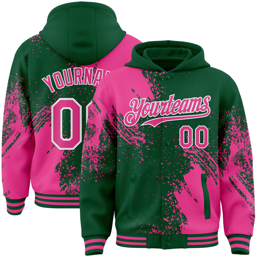 Custom Kelly Green Pink-White Abstract Brush Stroke 3D Pattern Design Bomber Full-Snap Varsity Letterman Hoodie Jacket