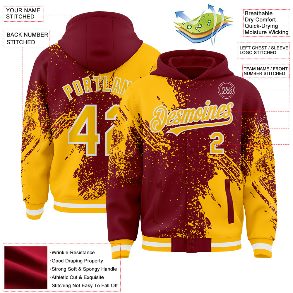 Custom Crimson Gold-White Abstract Brush Stroke 3D Pattern Design Bomber Full-Snap Varsity Letterman Hoodie Jacket