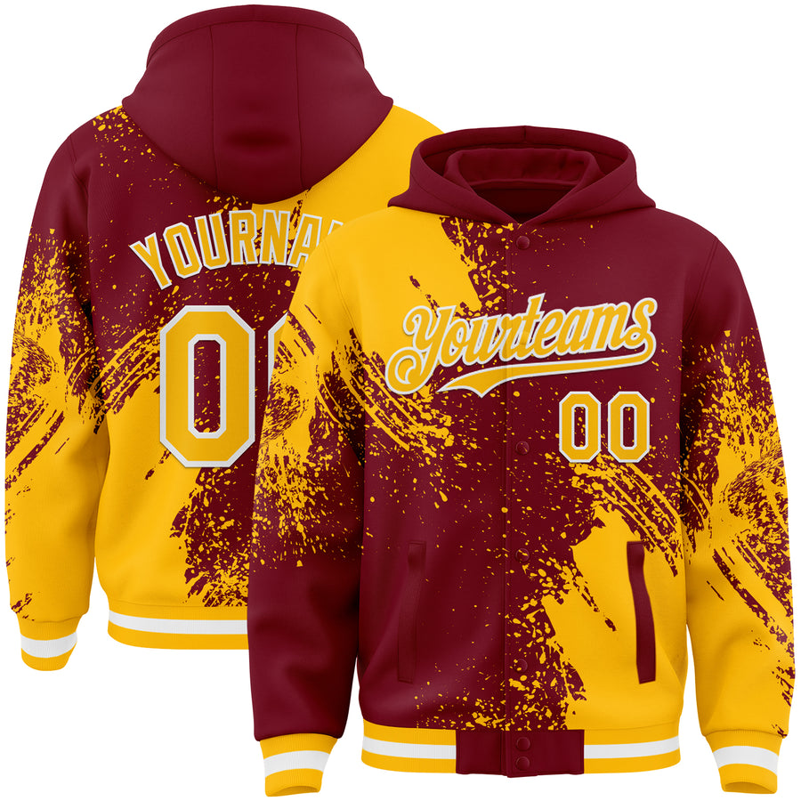 Custom Crimson Gold-White Abstract Brush Stroke 3D Pattern Design Bomber Full-Snap Varsity Letterman Hoodie Jacket