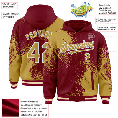 Custom Crimson Old Gold-White Abstract Brush Stroke 3D Pattern Design Bomber Full-Snap Varsity Letterman Hoodie Jacket