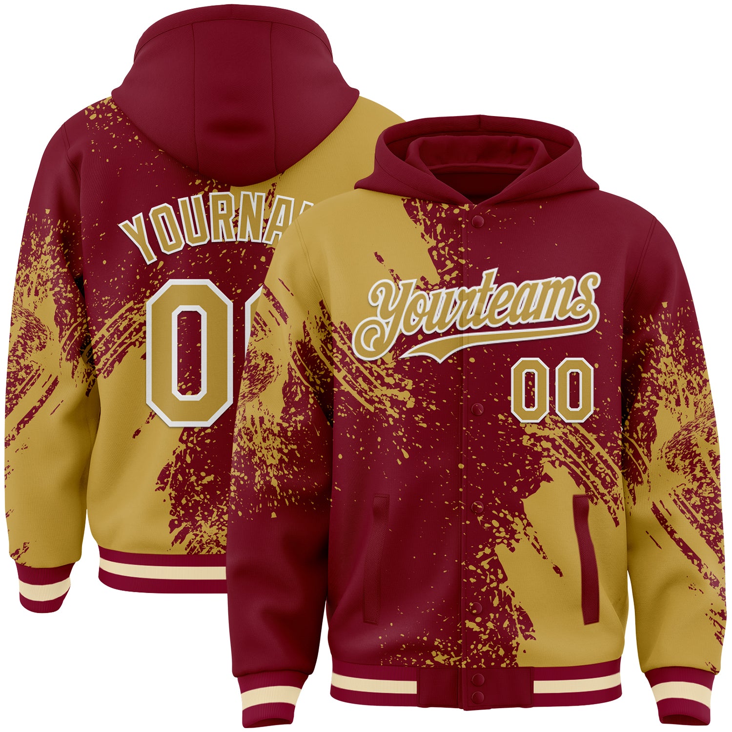 Custom Crimson Old Gold-White Abstract Brush Stroke 3D Pattern Design Bomber Full-Snap Varsity Letterman Hoodie Jacket