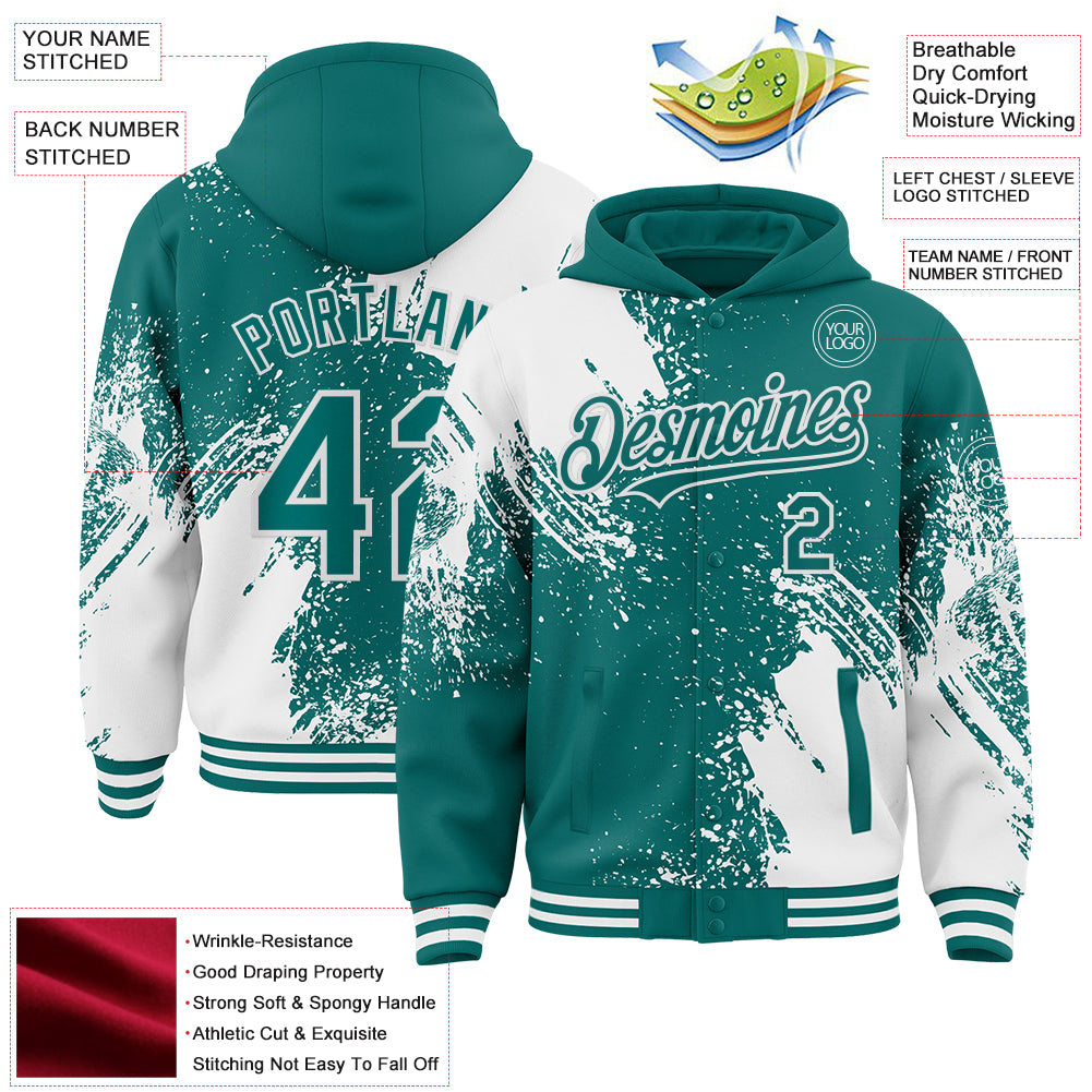 Custom Teal White Abstract Brush Stroke 3D Pattern Design Bomber Full-Snap Varsity Letterman Hoodie Jacket