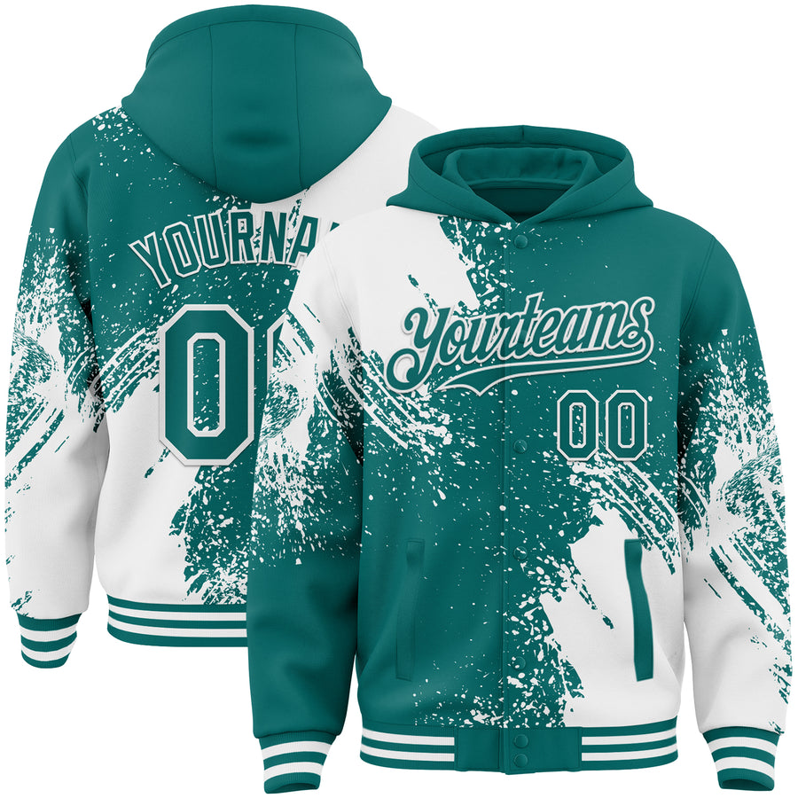 Custom Teal White Abstract Brush Stroke 3D Pattern Design Bomber Full-Snap Varsity Letterman Hoodie Jacket