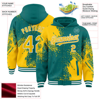Custom Teal Yellow-White Abstract Brush Stroke 3D Pattern Design Bomber Full-Snap Varsity Letterman Hoodie Jacket