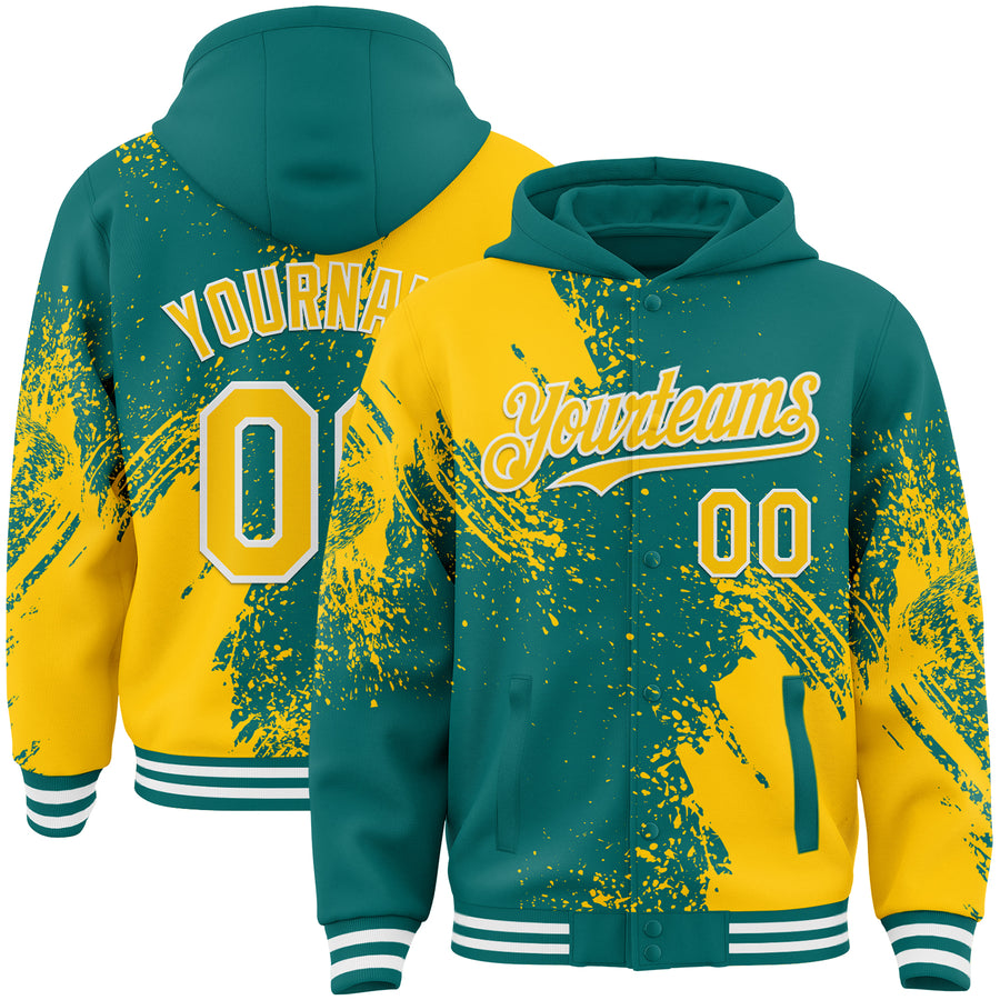 Custom Teal Yellow-White Abstract Brush Stroke 3D Pattern Design Bomber Full-Snap Varsity Letterman Hoodie Jacket