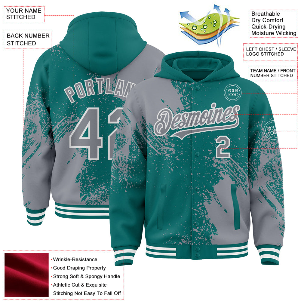 Custom Teal Gray-White Abstract Brush Stroke 3D Pattern Design Bomber Full-Snap Varsity Letterman Hoodie Jacket