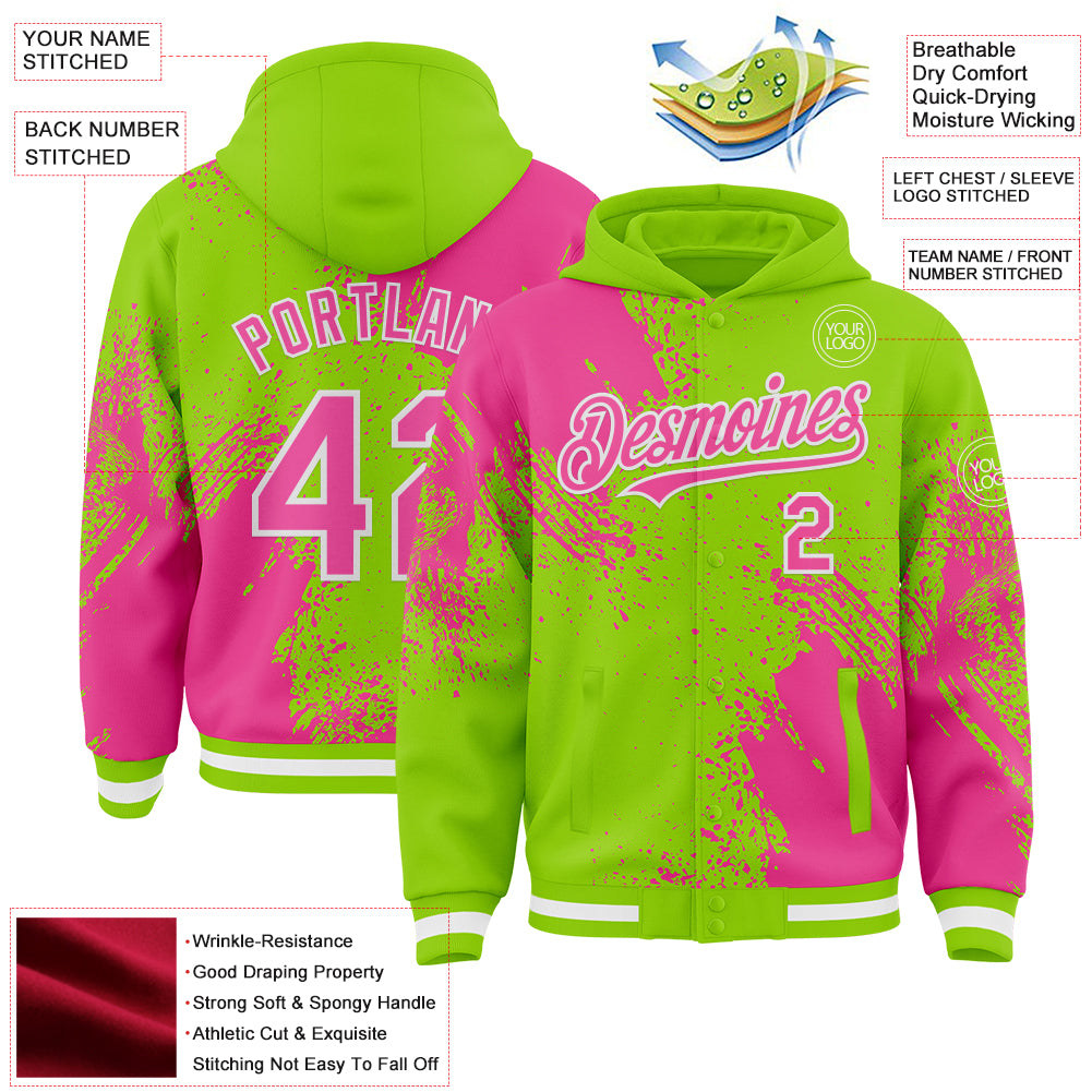 Custom Neon Green Pink-White Abstract Brush Stroke 3D Pattern Design Bomber Full-Snap Varsity Letterman Hoodie Jacket