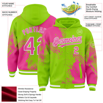 Custom Neon Green Pink-White Abstract Brush Stroke 3D Pattern Design Bomber Full-Snap Varsity Letterman Hoodie Jacket