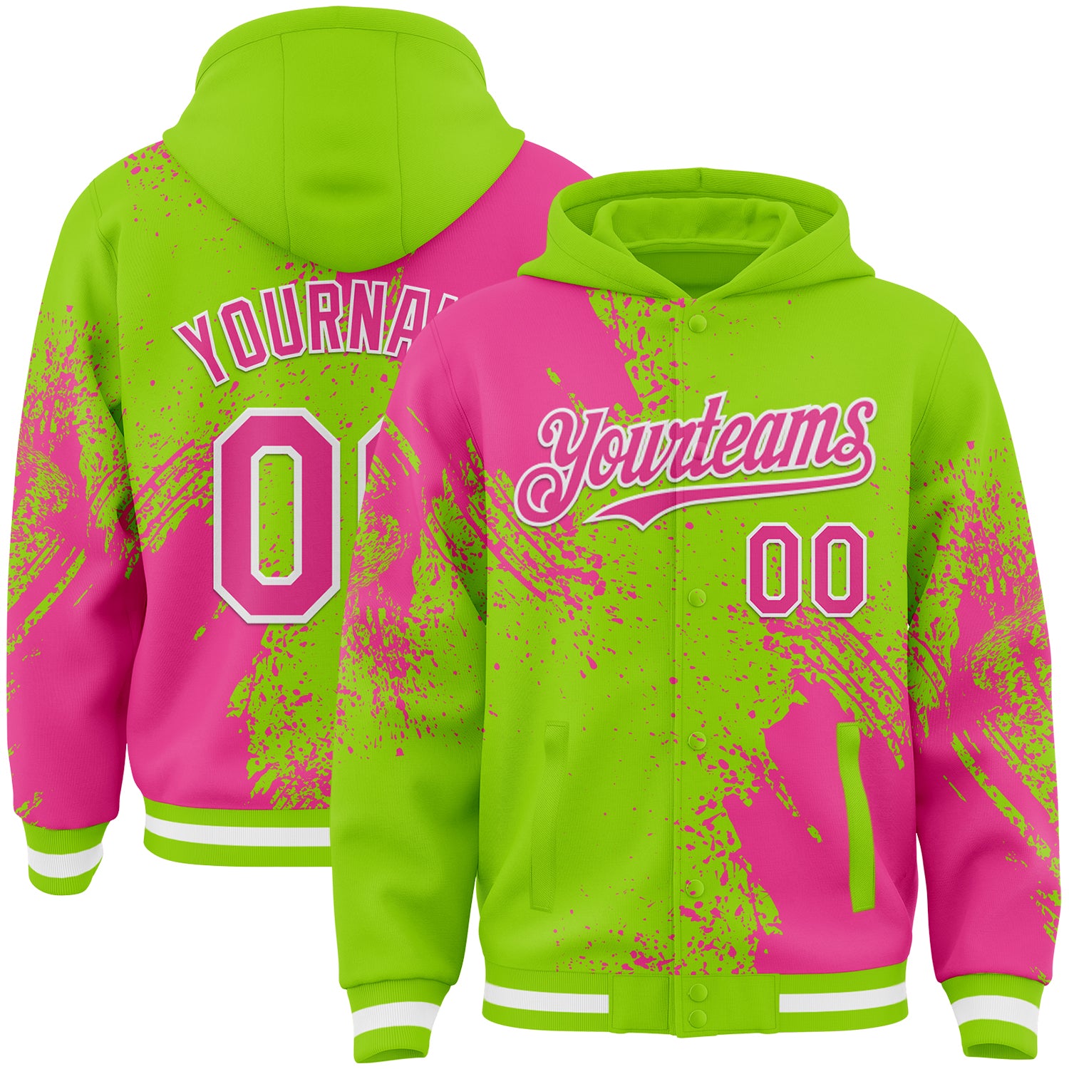 Custom Neon Green Pink-White Abstract Brush Stroke 3D Pattern Design Bomber Full-Snap Varsity Letterman Hoodie Jacket