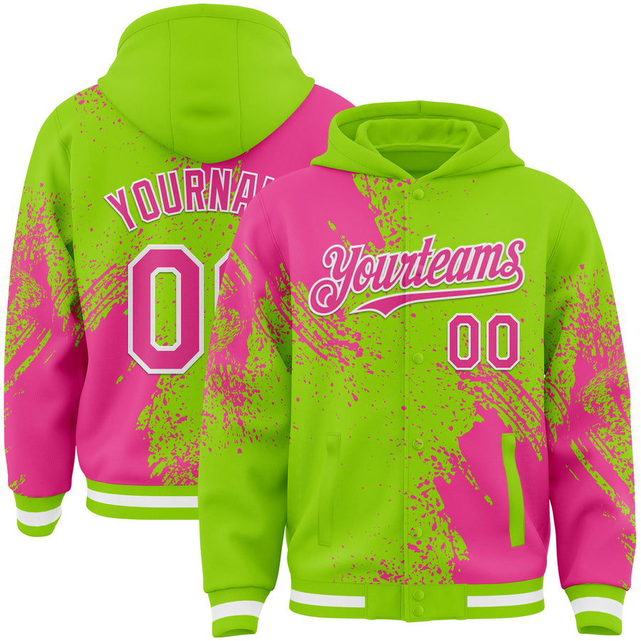 Custom Neon Green Pink-White Abstract Brush Stroke 3D Pattern Design Bomber Full-Snap Varsity Letterman Hoodie Jacket
