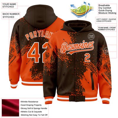 Custom Brown Orange-White Abstract Brush Stroke 3D Pattern Design Bomber Full-Snap Varsity Letterman Hoodie Jacket