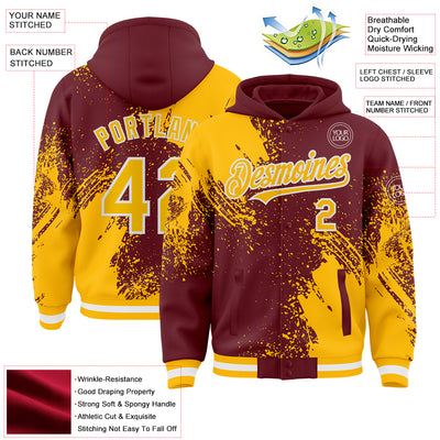 Custom Burgundy Gold-White Abstract Brush Stroke 3D Pattern Design Bomber Full-Snap Varsity Letterman Hoodie Jacket
