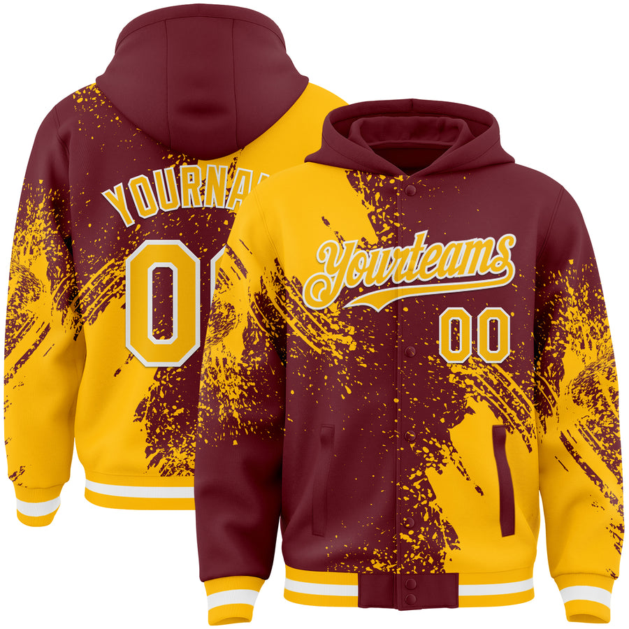 Custom Burgundy Gold-White Abstract Brush Stroke 3D Pattern Design Bomber Full-Snap Varsity Letterman Hoodie Jacket