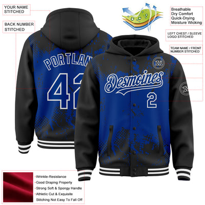 Custom Black Royal-White Splash Art 3D Pattern Design Bomber Full-Snap Varsity Letterman Hoodie Jacket