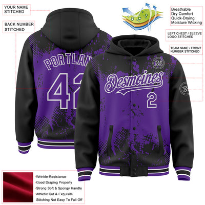 Custom Black Purple-White Splash Art 3D Pattern Design Bomber Full-Snap Varsity Letterman Hoodie Jacket