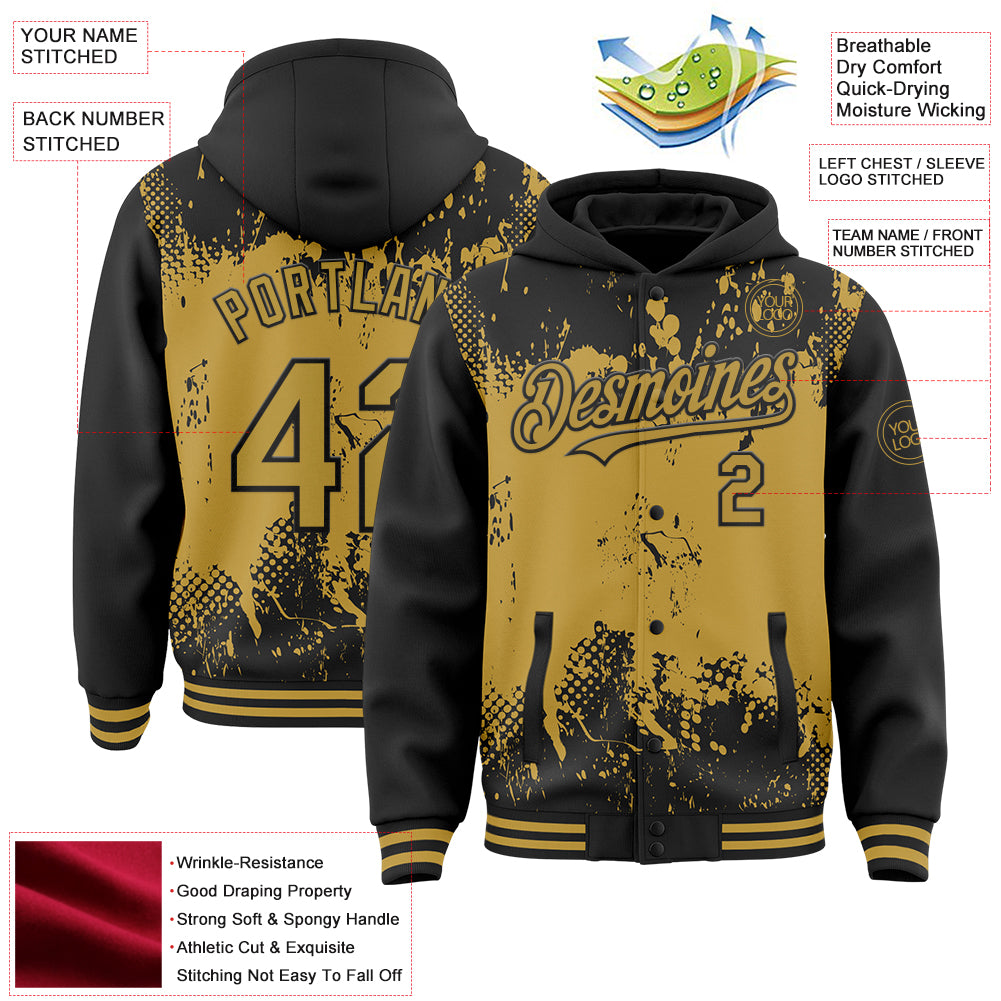 Custom Black Old Gold Splash Art 3D Pattern Design Bomber Full-Snap Varsity Letterman Hoodie Jacket