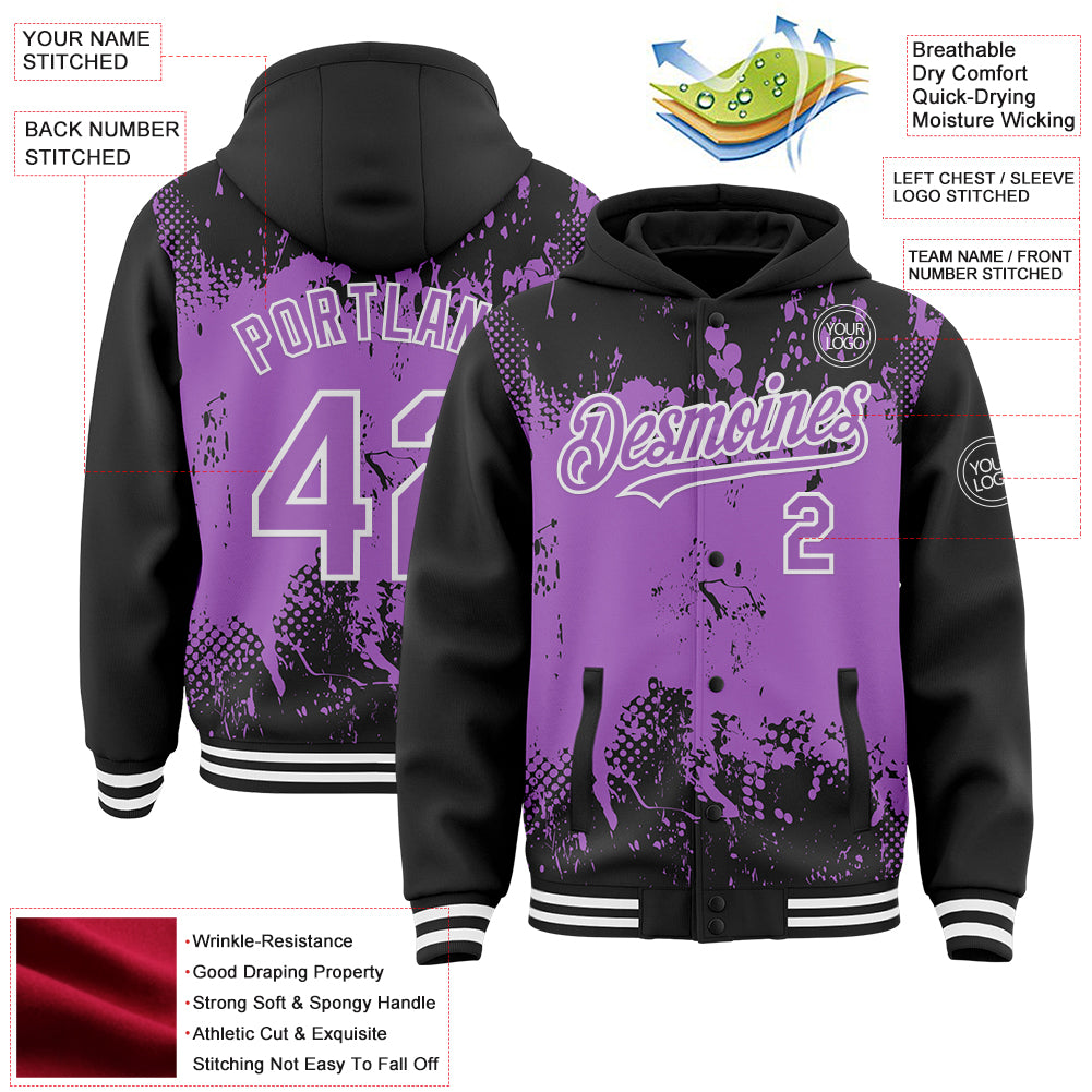 Custom Black Medium Purple-White Splash Art 3D Pattern Design Bomber Full-Snap Varsity Letterman Hoodie Jacket