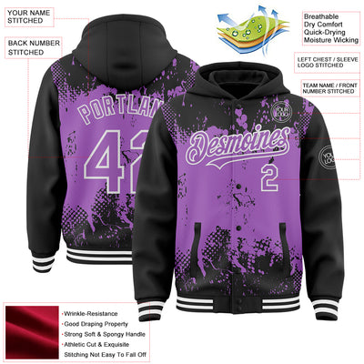Custom Black Medium Purple-White Splash Art 3D Pattern Design Bomber Full-Snap Varsity Letterman Hoodie Jacket