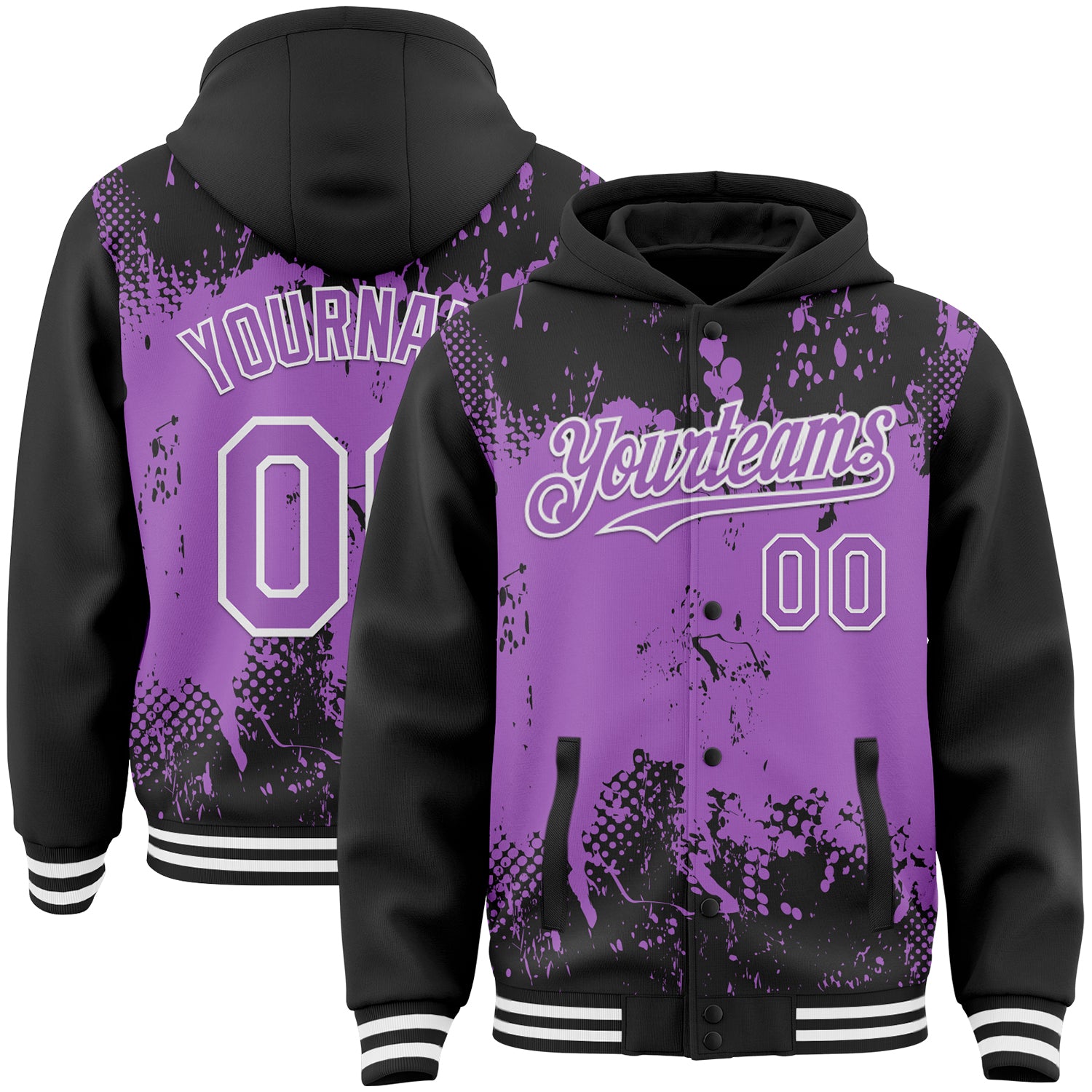 Custom Black Medium Purple-White Splash Art 3D Pattern Design Bomber Full-Snap Varsity Letterman Hoodie Jacket