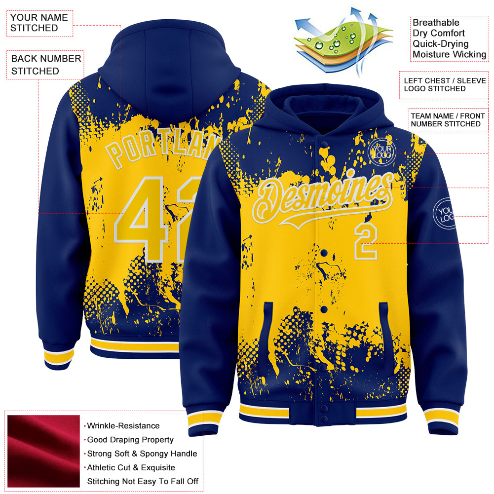Custom Royal Yellow-White Splash Art 3D Pattern Design Bomber Full-Snap Varsity Letterman Hoodie Jacket