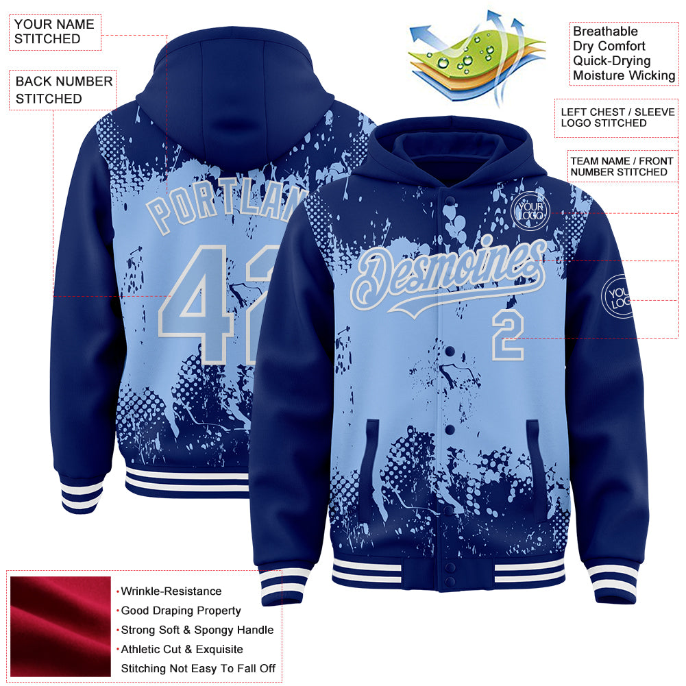 Custom Royal Light Blue-White Splash Art 3D Pattern Design Bomber Full-Snap Varsity Letterman Hoodie Jacket