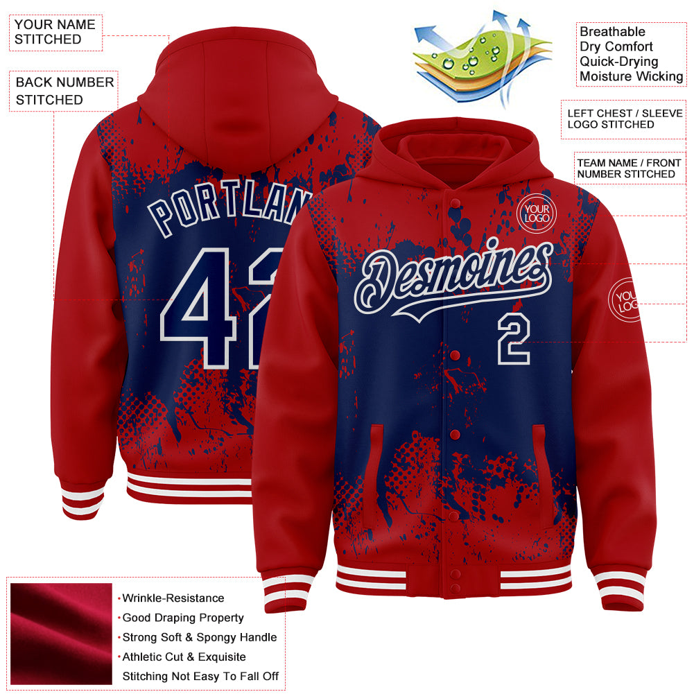 Custom Red Navy-White Splash Art 3D Pattern Design Bomber Full-Snap Varsity Letterman Hoodie Jacket