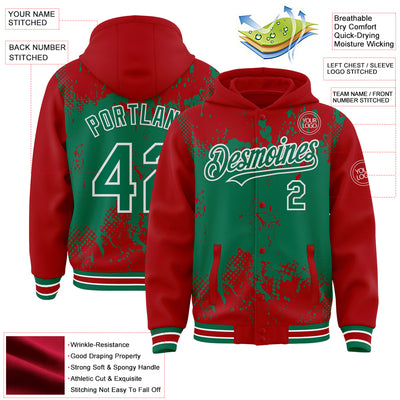 Custom Red Kelly Green-White Splash Art 3D Pattern Design Bomber Full-Snap Varsity Letterman Hoodie Jacket