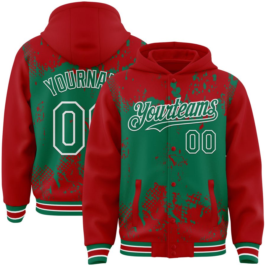 Custom Red Kelly Green-White Splash Art 3D Pattern Design Bomber Full-Snap Varsity Letterman Hoodie Jacket