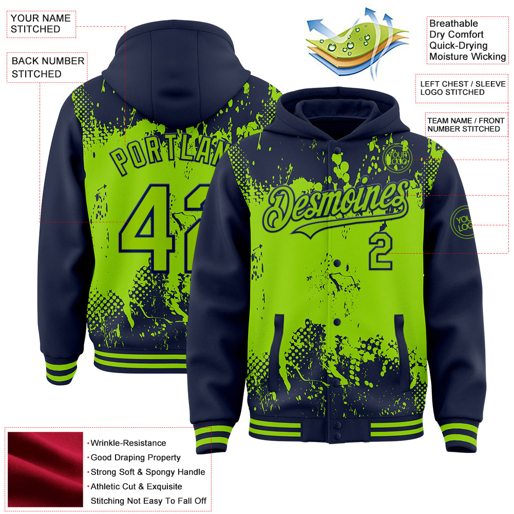 Custom Navy Neon Green Splash Art 3D Pattern Design Bomber Full-Snap Varsity Letterman Hoodie Jacket