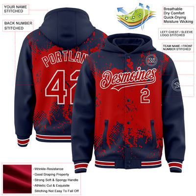 Custom Navy Red-White Splash Art 3D Pattern Design Bomber Full-Snap Varsity Letterman Hoodie Jacket