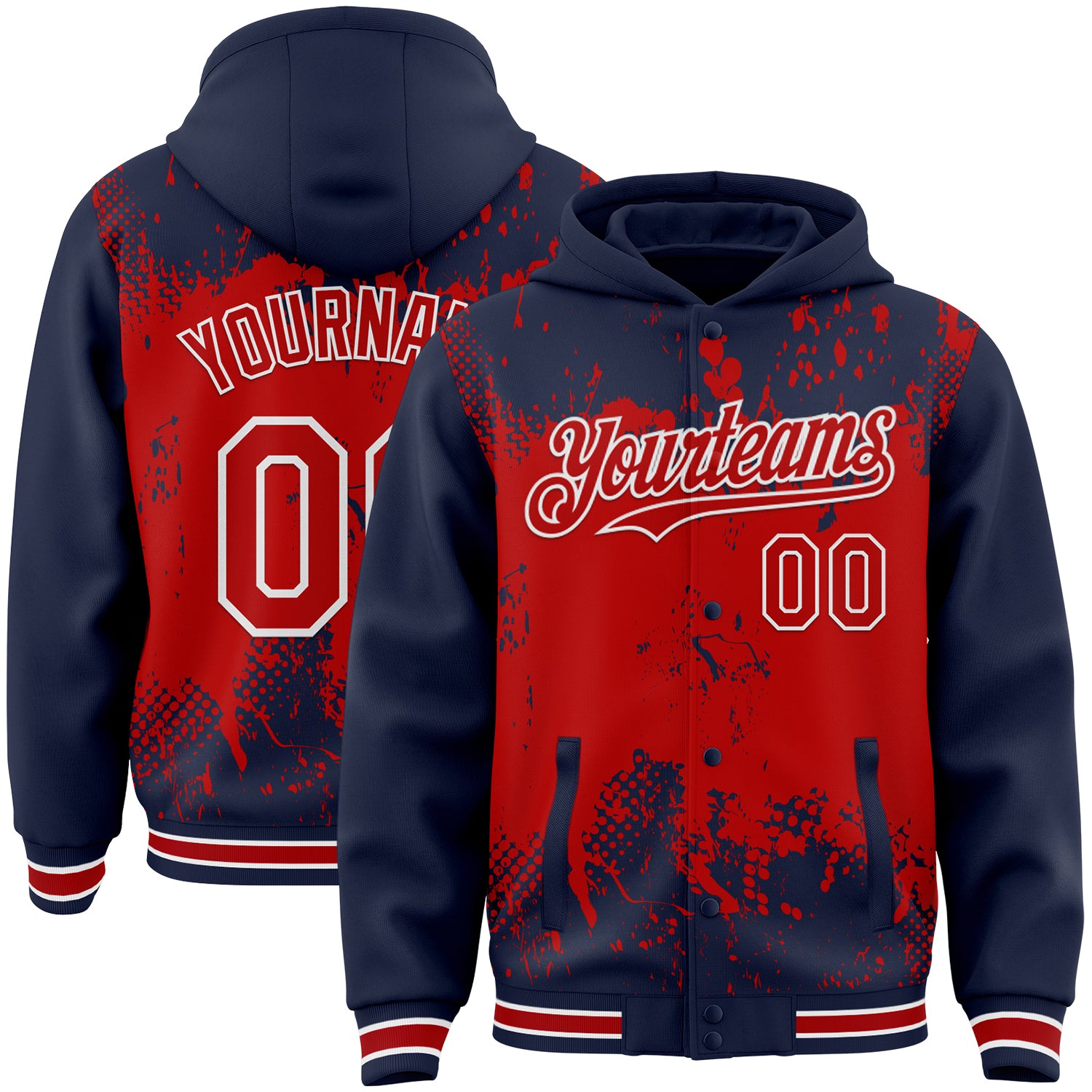 Custom Navy Red-White Splash Art 3D Pattern Design Bomber Full-Snap Varsity Letterman Hoodie Jacket