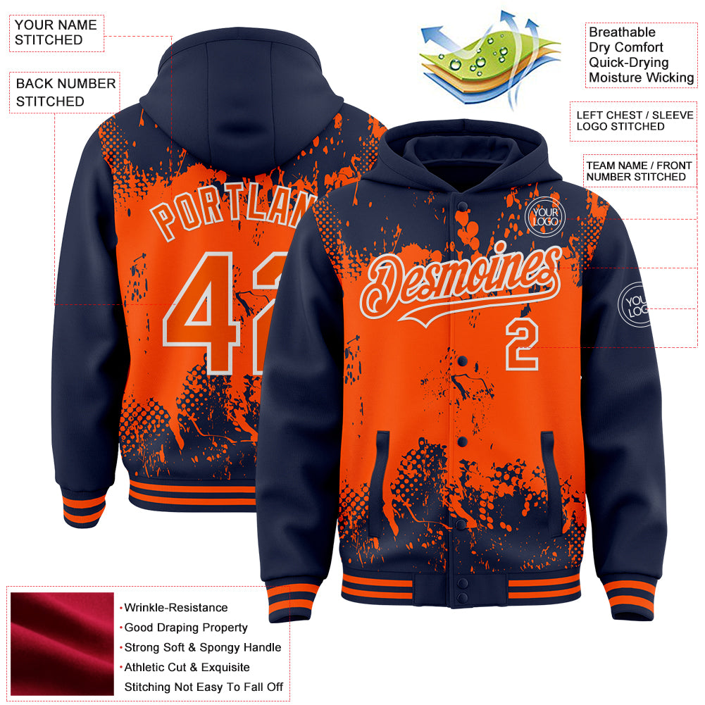 Custom Navy Orange-White Splash Art 3D Pattern Design Bomber Full-Snap Varsity Letterman Hoodie Jacket