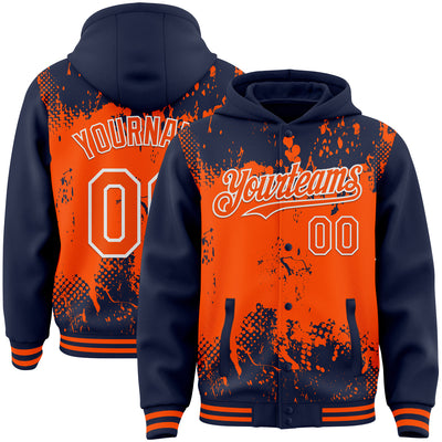 Custom Navy Orange-White Splash Art 3D Pattern Design Bomber Full-Snap Varsity Letterman Hoodie Jacket