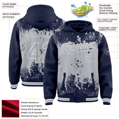 Custom Navy Gray-White Splash Art 3D Pattern Design Bomber Full-Snap Varsity Letterman Hoodie Jacket