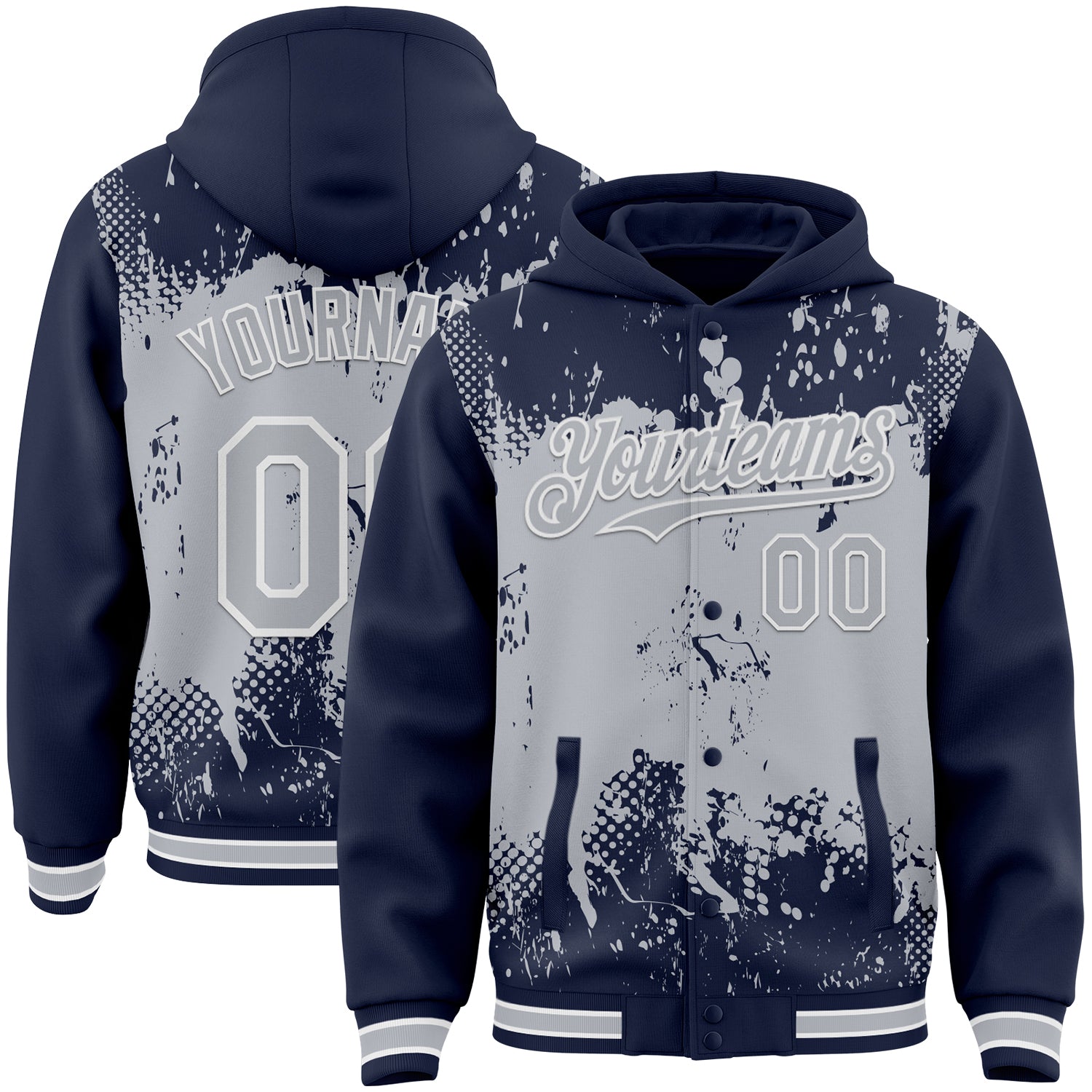 Custom Navy Gray-White Splash Art 3D Pattern Design Bomber Full-Snap Varsity Letterman Hoodie Jacket