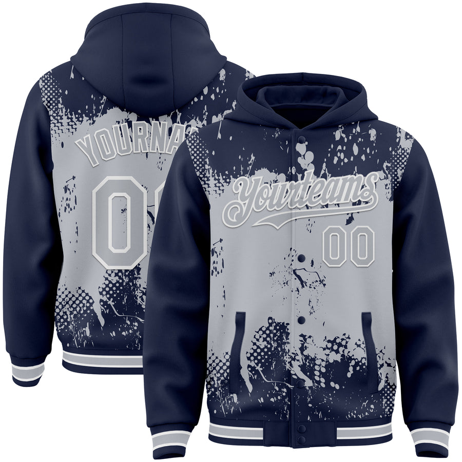 Custom Navy Gray-White Splash Art 3D Pattern Design Bomber Full-Snap Varsity Letterman Hoodie Jacket