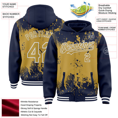 Custom Navy Old Gold-White Splash Art 3D Pattern Design Bomber Full-Snap Varsity Letterman Hoodie Jacket