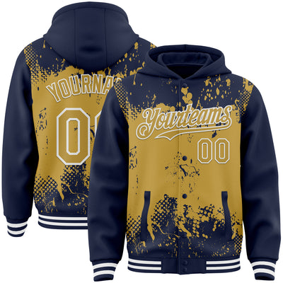 Custom Navy Old Gold-White Splash Art 3D Pattern Design Bomber Full-Snap Varsity Letterman Hoodie Jacket
