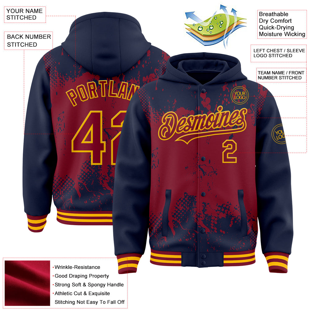 Custom Navy Crimson-Gold Splash Art 3D Pattern Design Bomber Full-Snap Varsity Letterman Hoodie Jacket