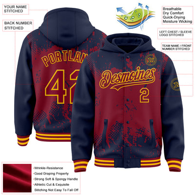 Custom Navy Crimson-Gold Splash Art 3D Pattern Design Bomber Full-Snap Varsity Letterman Hoodie Jacket