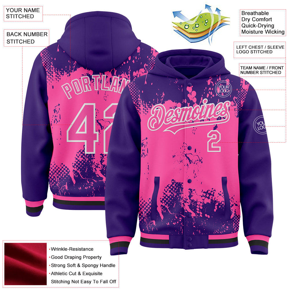 Custom Purple Pink Black-White Splash Art 3D Pattern Design Bomber Full-Snap Varsity Letterman Hoodie Jacket