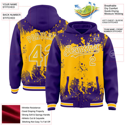 Custom Purple Gold-White Splash Art 3D Pattern Design Bomber Full-Snap Varsity Letterman Hoodie Jacket