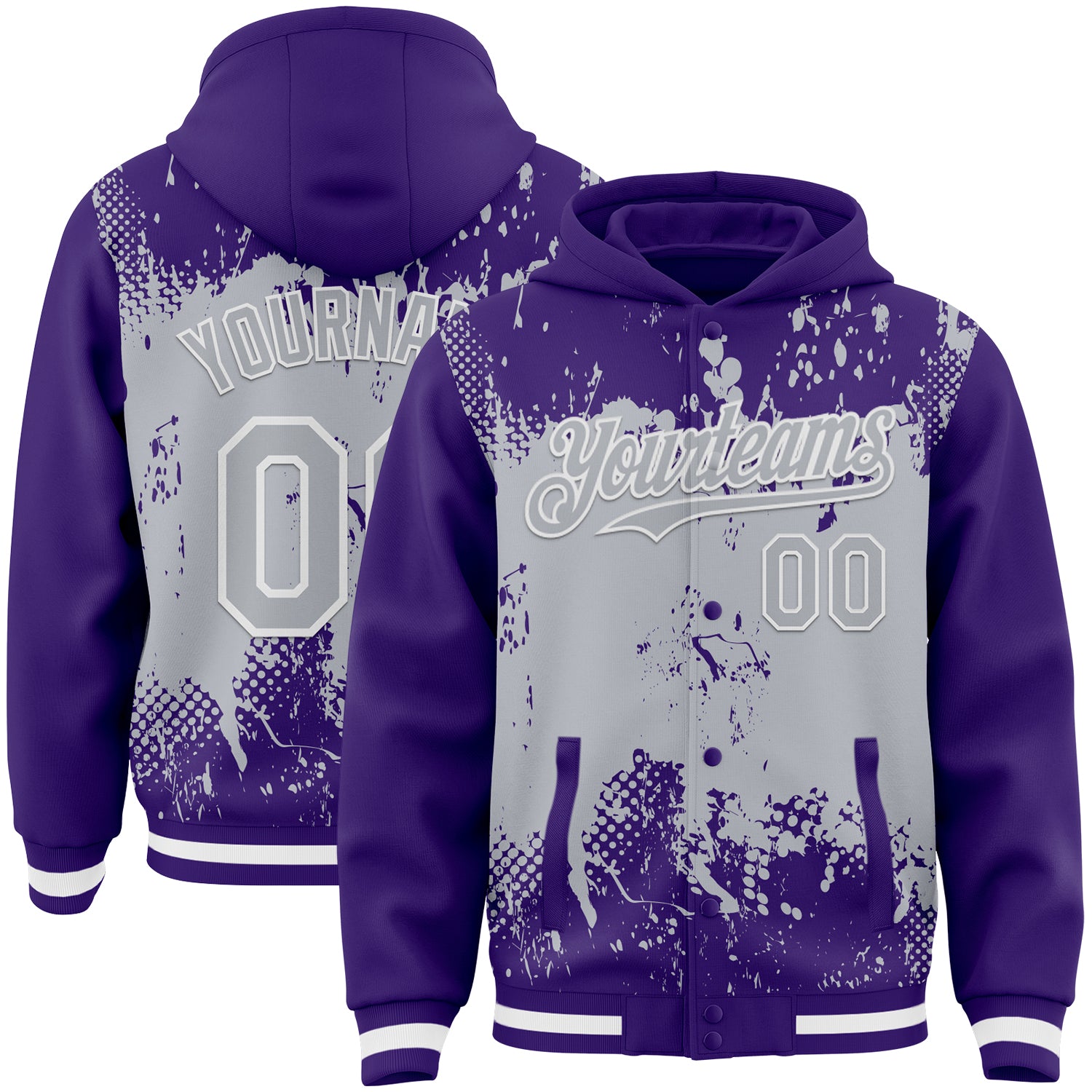 Custom Purple Gray-White Splash Art 3D Pattern Design Bomber Full-Snap Varsity Letterman Hoodie Jacket